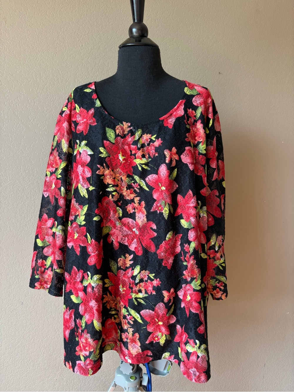 Rebecca Malone 3X Black Floral Blouse Sheer 3/4 Sleeves